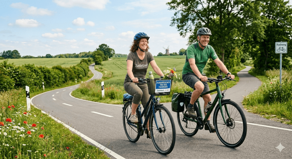 Gl&uuml;ckliches Paar beim entspannten Fahrradfahren auf einer malerischen Landstra&szlig;e am Europ&auml;ischen Tag des Fahrrads.