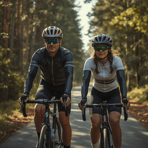 Ein Mann und eine Frau fahren nebeneinander auf Rennrädern durch einen Wald, beide tragen Helme, Sporttrikots und Sonnenbrillen zum Schutz vor der Sonne.
