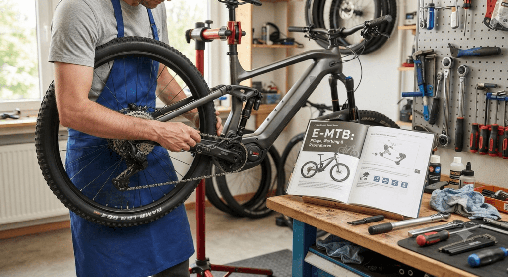 Ein Mechaniker in blauer Schürze repariert in einer hellen Werkstatt ein E-Mountainbike am Montageständer, während rechts daneben das aufgeschlagene Fachbuch „E-MTB: Pflege, Wartung & Reparaturen“ auf der Werkbank liegt.